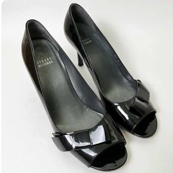 Stuart Weitzman Black Patent Leather Open Toe Classic Heels - Picture 1 of 13
